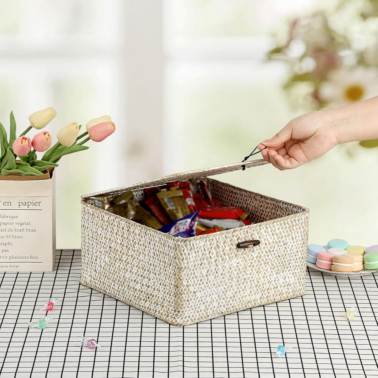 Hipiwe Seagrass Basket with Lid Wicker Storage Basket Square Handwoven Decorative Baskets Box for Shelf Multipurpose Household Baskets Home Decor,X-small