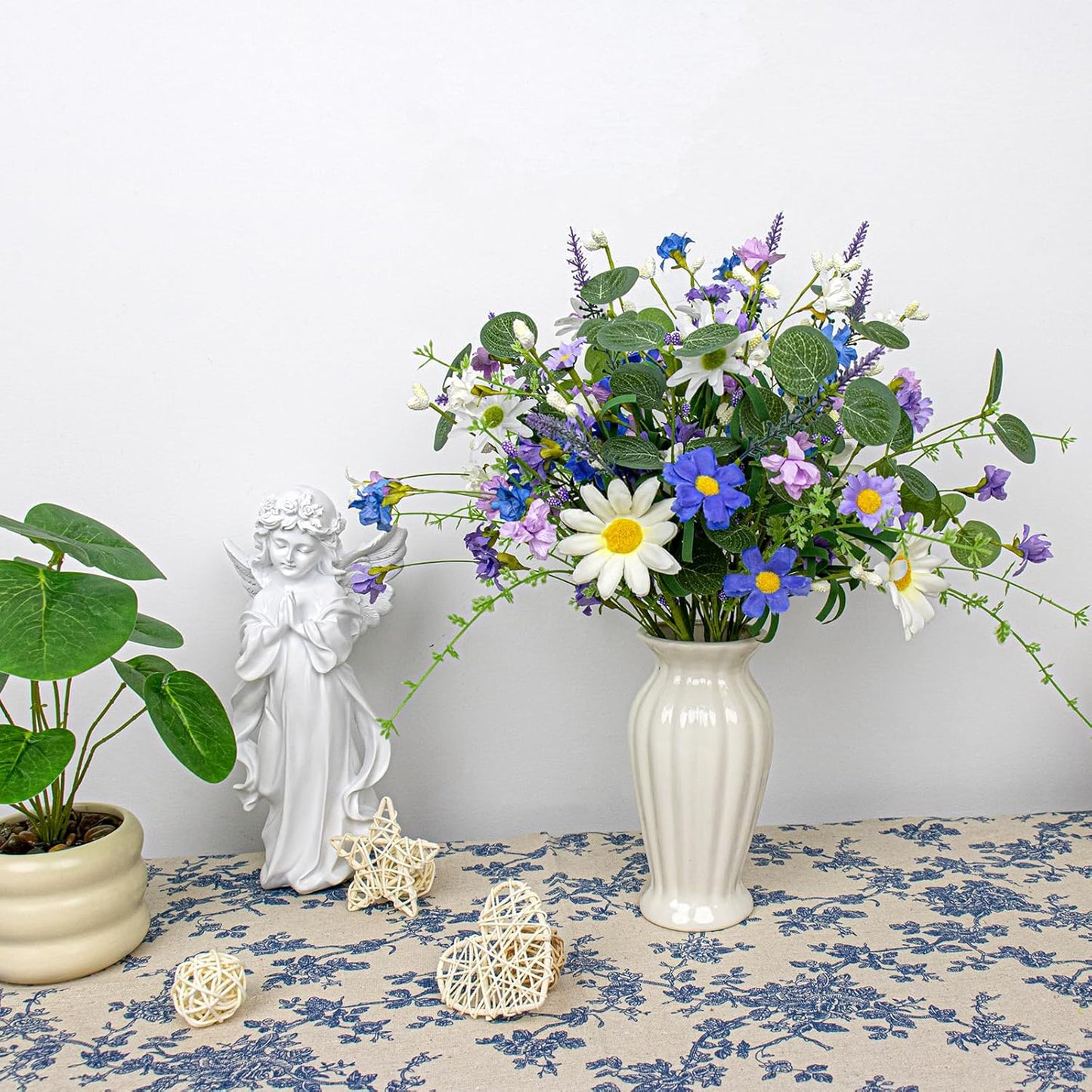 12 PCs Artificial Spring Summer Flowers Rustic Blue and White Artificial Flowers Wildflower Floral Stems with Daffodils Daisy Flower Picks for Vase Table Centerpieces Summer Spring Decor