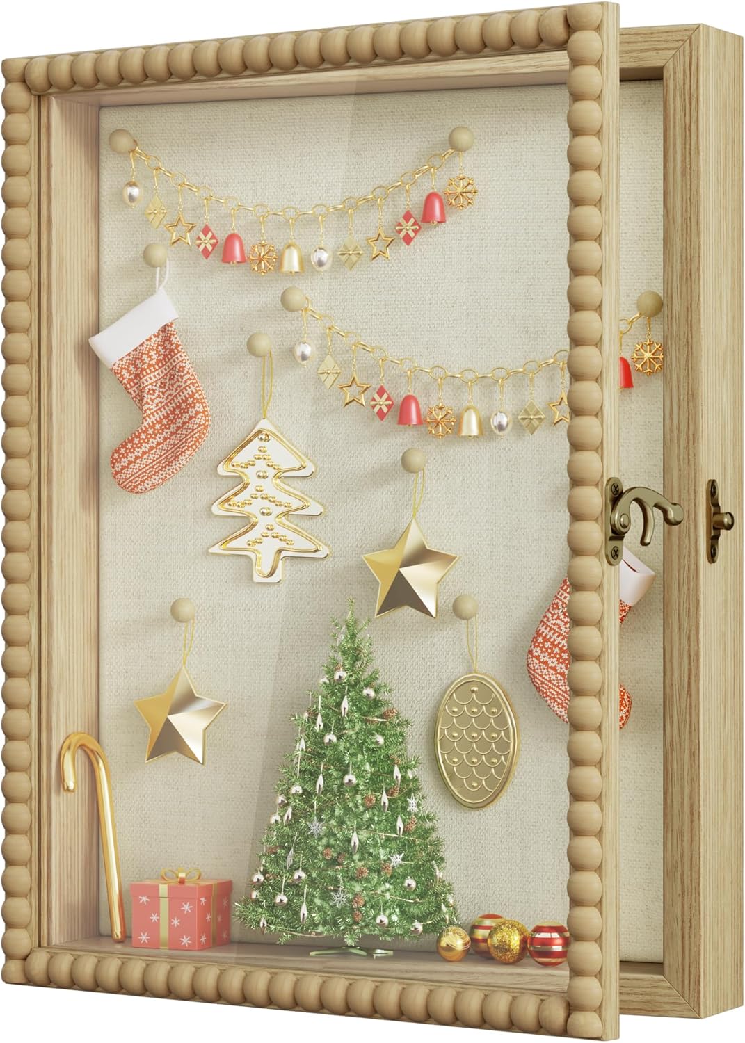 Love-KANKEI Shadow Box Frame 11x14, Deep Large Shadow Box Display Case with Unique Beads Door and Glass Window, Wood Memory Box for Pictures,Medals,Memorabilia,Collections White