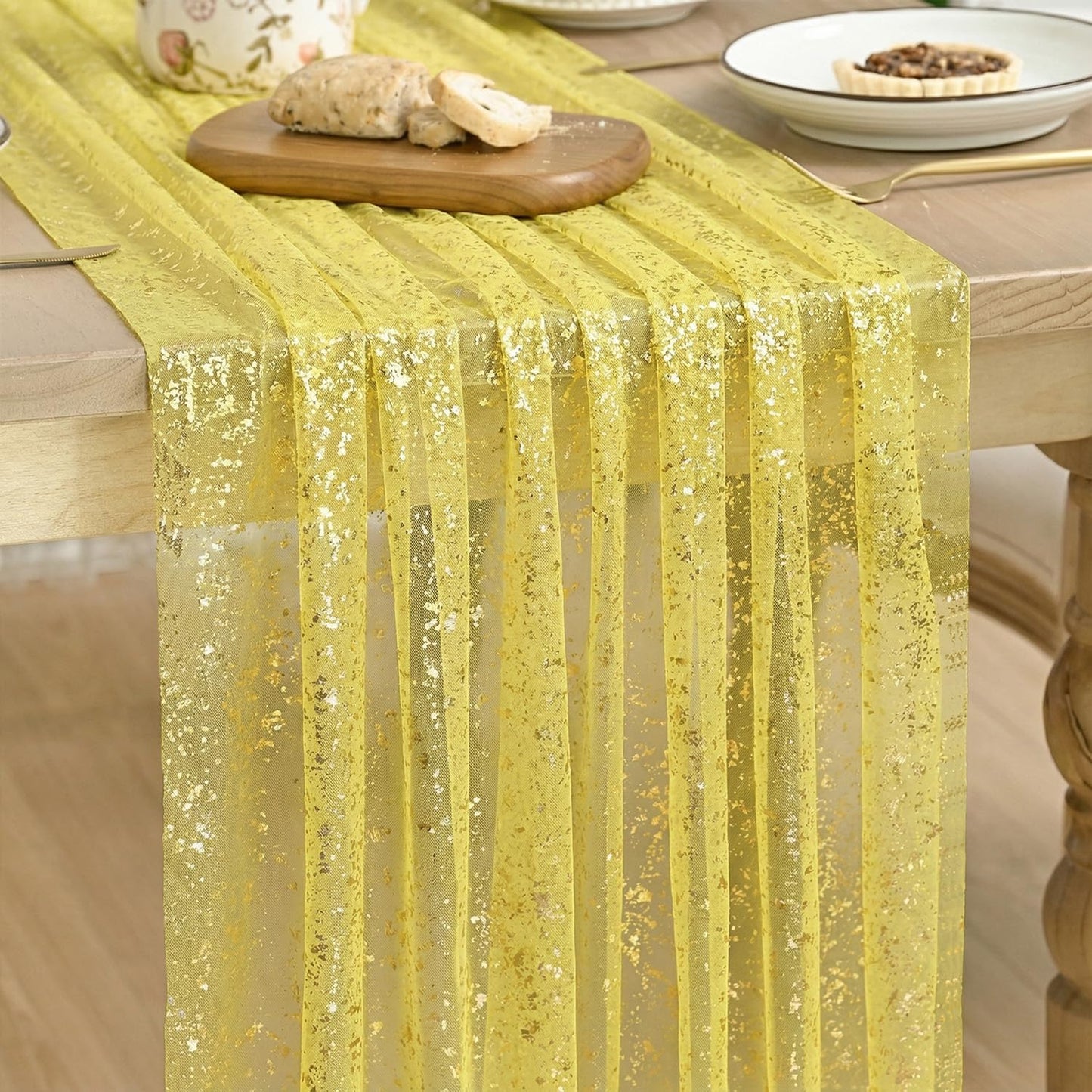 Artoid Mode Beige Gold Gauze Table Runner 120 Inch 10FT, Glitter Metallic Foil Sheer Dining Wedding Anniversary Holiday Birthday Table Decor for Home Party