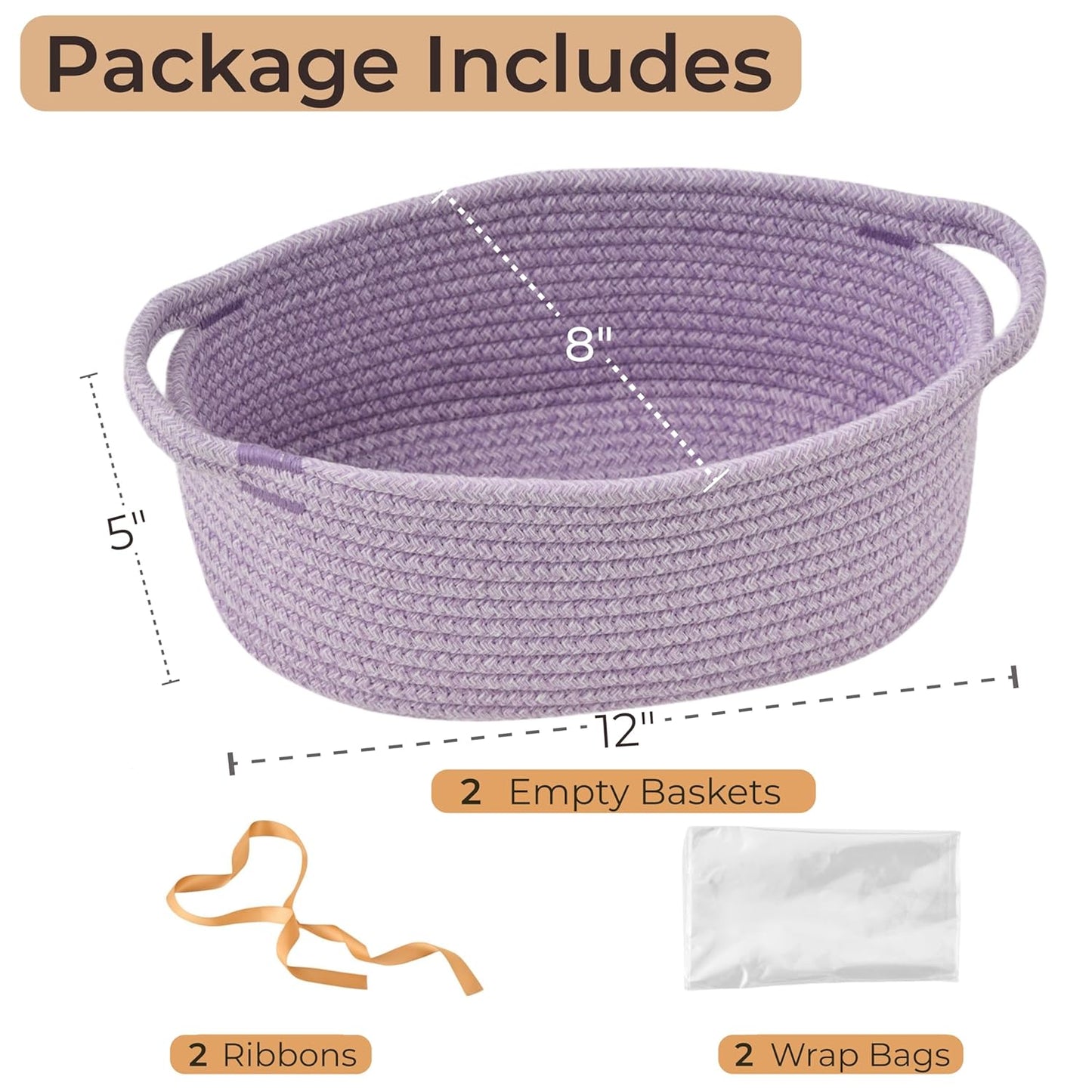 Small Woven Gift Basket Empty with Bag & Ribbon - Gifts for Mom, Baby Shower, Birthdays & Raffle - Cotton Rope Storage Basket for Dog Toys or Shelf - 12"x8"x5", White
