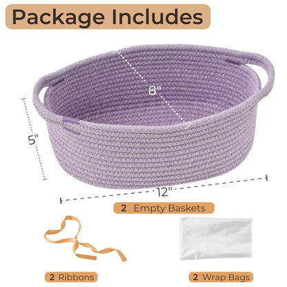 Small Woven Gift Basket Empty with Bag & Ribbon - Gifts for Mom, Baby Shower, Birthdays & Raffle - Cotton Rope Storage Basket for Dog Toys or Shelf - 12"x8"x5", White