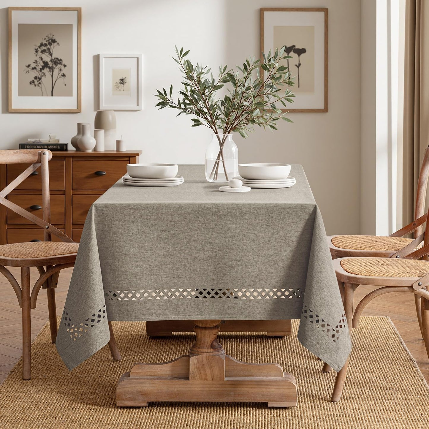 MIULEE Beige Rectangle Linen Polyester Tablecloth with Decorative Cutouts Spring Waterproof Stain Resistant & Shrink-Proof Table Cloth 52x70 inch Farmhouse Style for Dining Wedding and Outdoor
