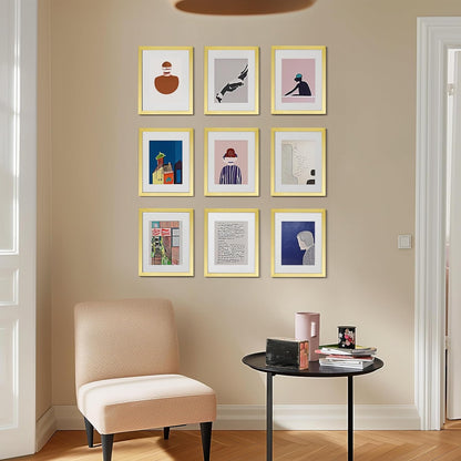 eletecpro 12x12 Picture Frames Set of 9 with Clear Acrylic Cover, Display 8x8 Photos with Mat or 12x12 Without, Classic and Sturdy Square Collage Gallery Wall Decor, Easy Wall Mount, Black