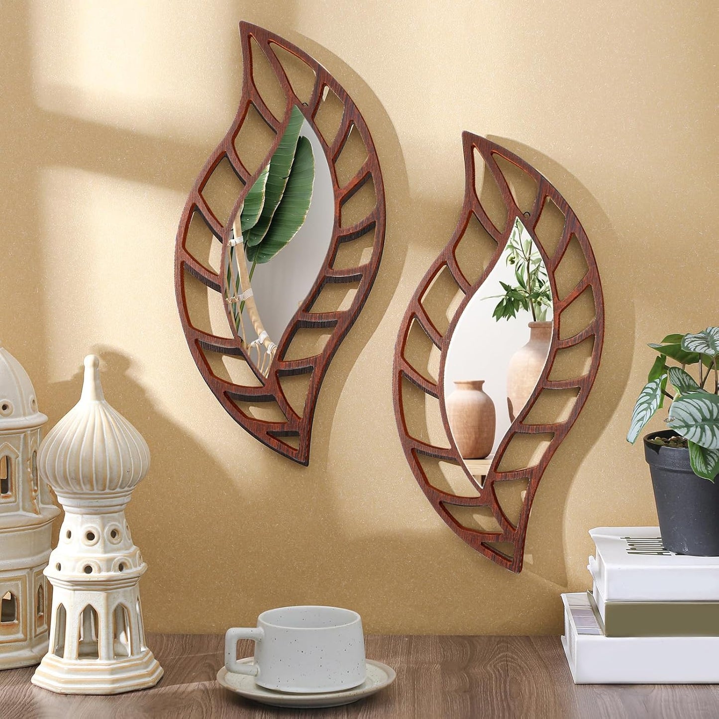 Roowest 2 Pcs Decorative Mirror Wall Decor Leaf Teardrop Mirror Wall Mounted Decorations for Living Room Bedroom Bathroom Vanity Entryway Office(Black)