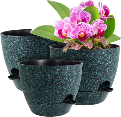 WSMKSZ 10/9/8 inch Self Watering Pots, Planter, Plant Pots with Mesh Drainage Holes for Indoor Outdoor Garden Plants, Plastic Flower Pots with Deep Reservoir for House Plants, Green with Brown