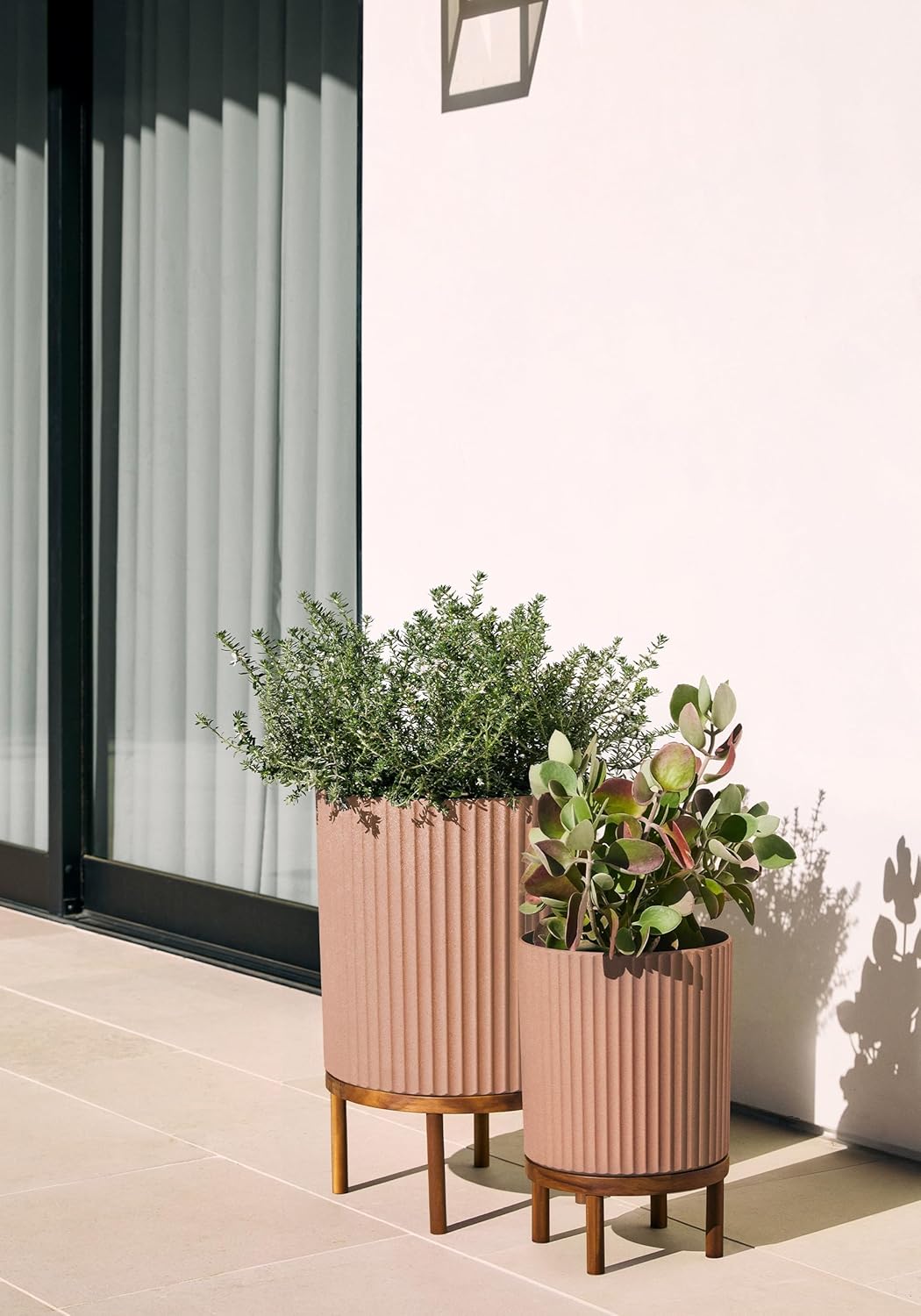 Veradek Demi Series Round Planter w/ Stand for Porch/Patio | Durable Plastic-Concrete & Wooden Stand | Modern Décor for Tall Plants, Flowers