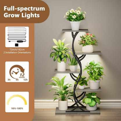 Plant Stand Indoor with Grow Lights - 44" Tall Corner Plant Stands for Indoor Plants, 5 Tiered Metal Plant Shelf, Curved Plant Flower Holder Dispaly Rack for Living Room, Home Patio Balcony (Black)