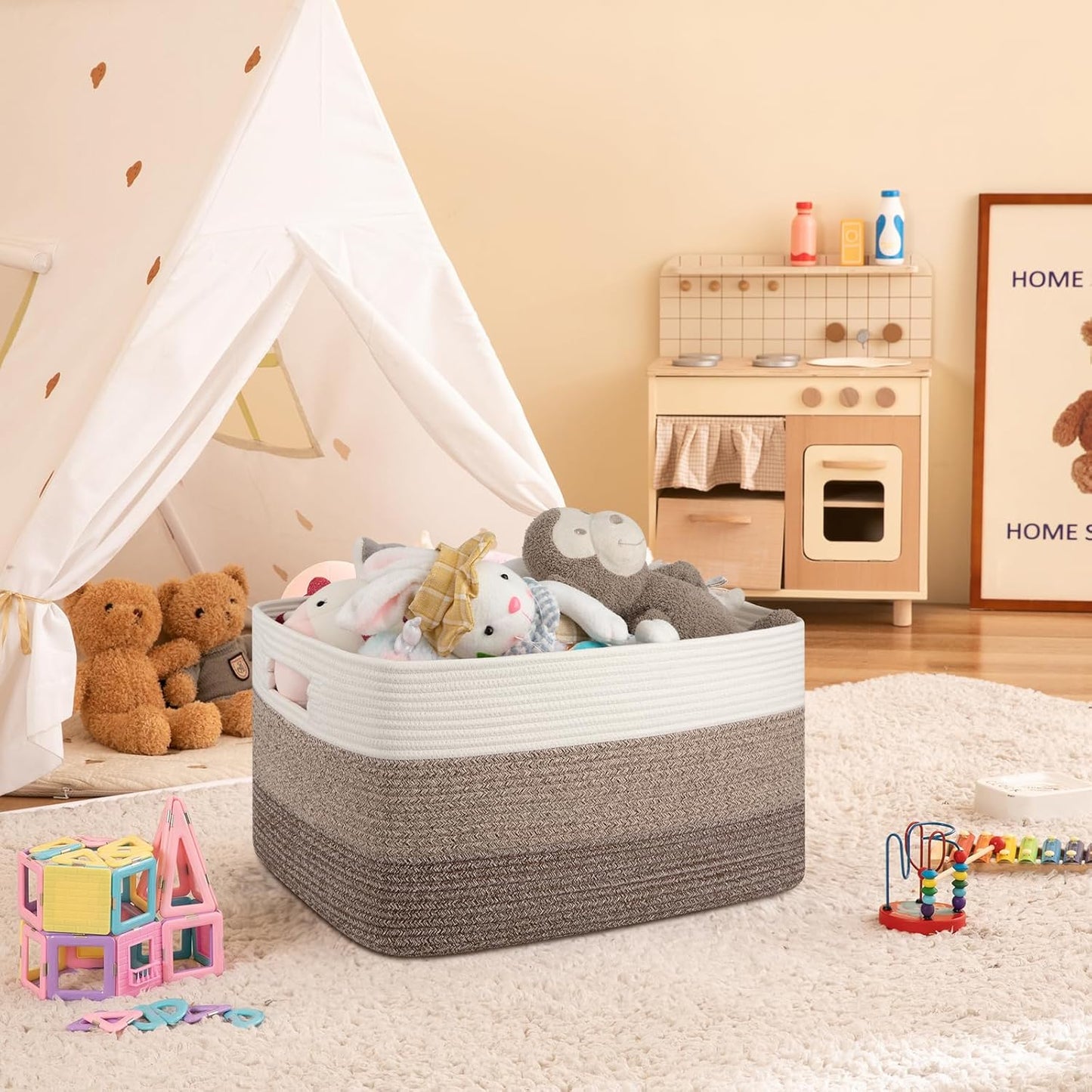 OIAHOMY Large Blanket Basket, 22”x17”x12” Rectangle Woven Baskets, Nursery Blanket Storage Living Room, Toy Storage With Handle, Large Baskets for Organizing-Gradient Yellow