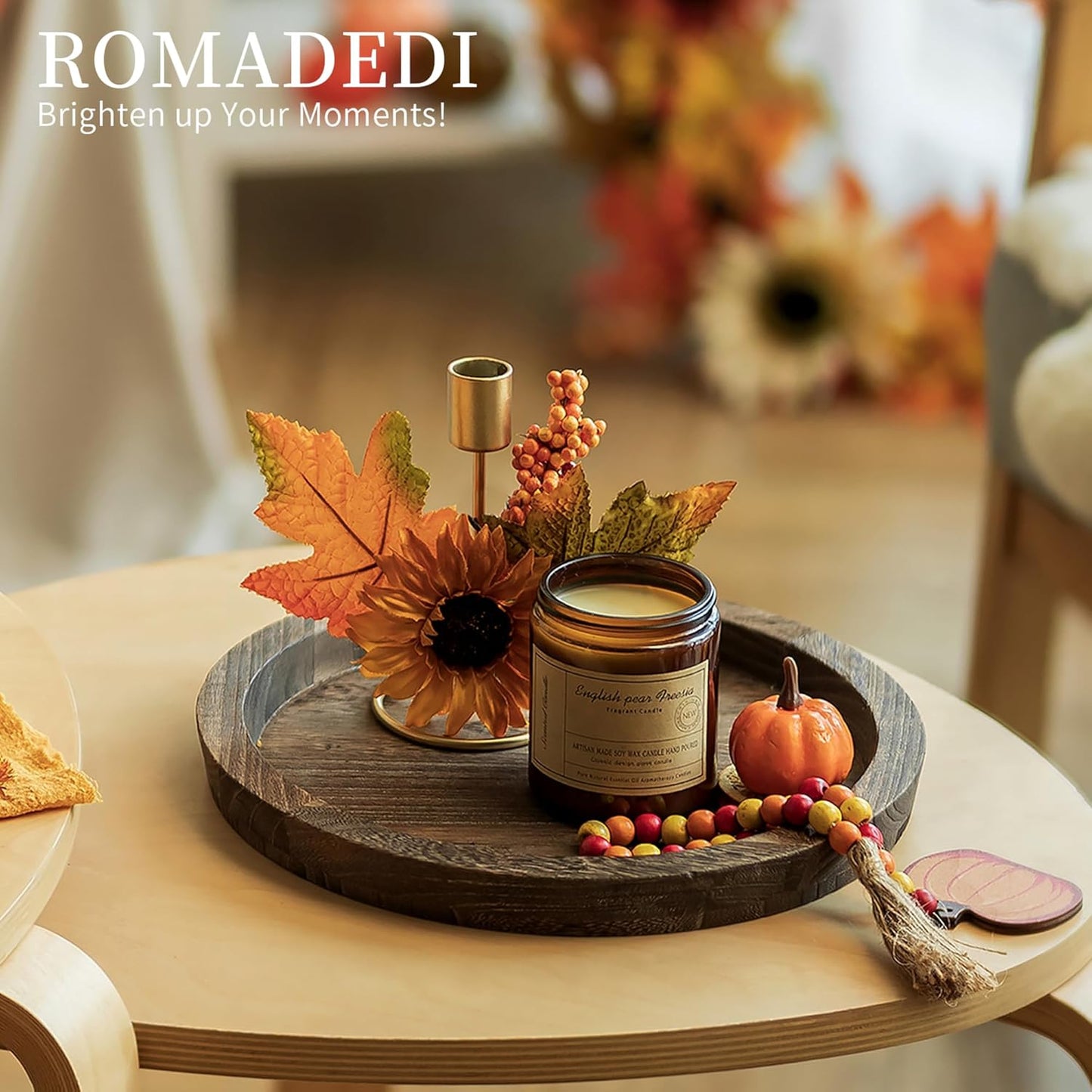 Romadedi Rustic Wooden Tray Candle Holder - Round Wood Decorative Pillar Candle Tray for Coffee Table Farmhouse Kitchen Countertop Organizer Home Decor Wedding Centerpiece, Distressed White