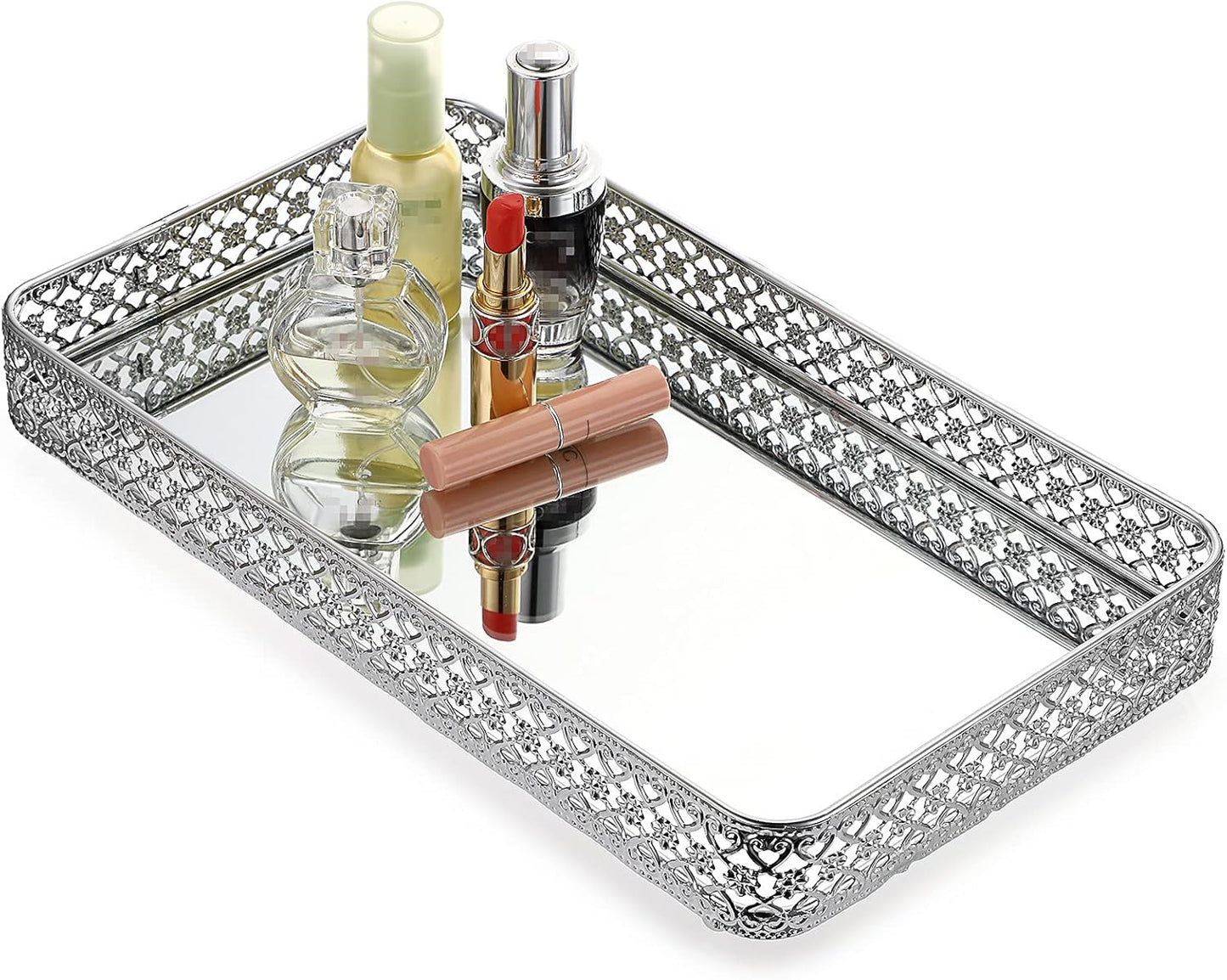 ELLDOO Perfume & Makeup Vanity Tray - Hollow-Carved Jewelry Storage, Glass & Metal Trinket Organizer for Dresser & Bathroom Countertop, Gold, Medium Size