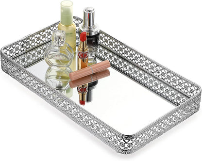 ELLDOO Perfume & Makeup Vanity Tray - Hollow-Carved Jewelry Storage, Glass & Metal Trinket Organizer for Dresser & Bathroom Countertop, Gold, Medium Size