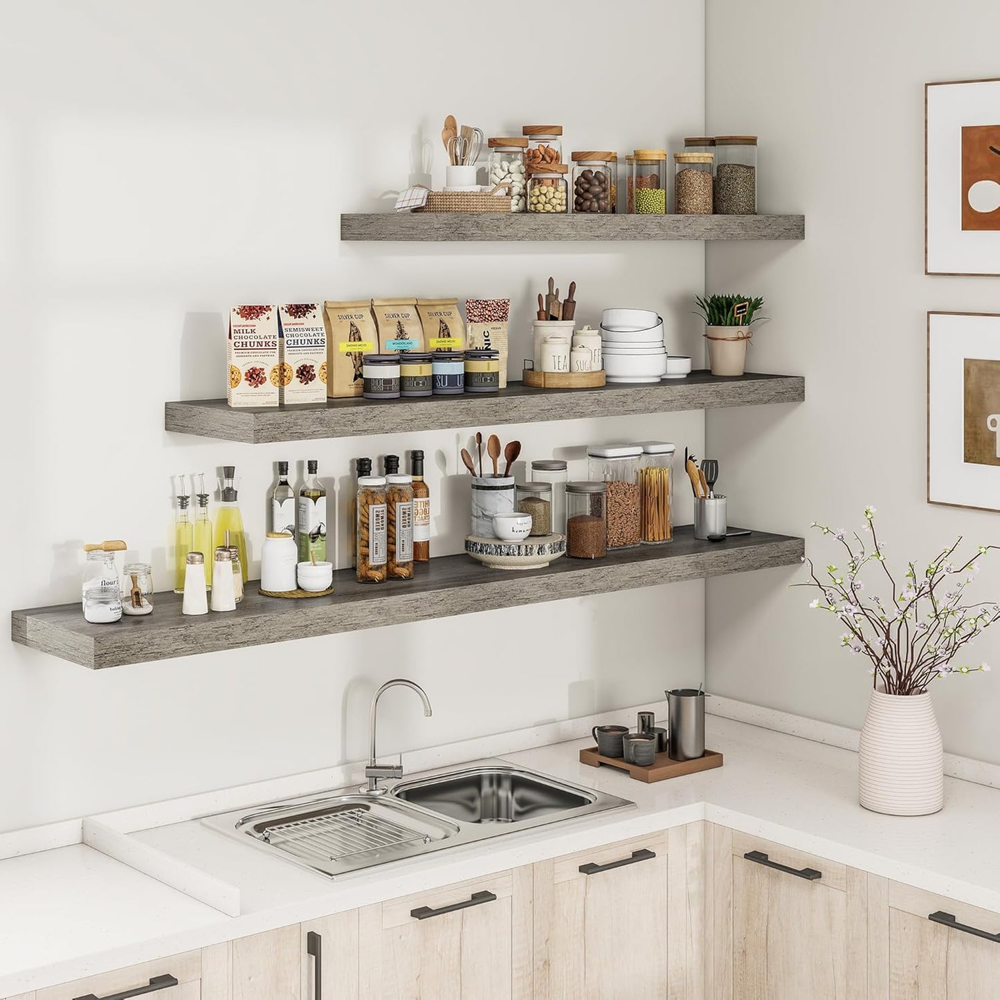 RICHFOCUS 72Inch Floating Shelves for Wall 2 Pack Shelves for Bedroom|Kitchen|Bathroom Wall Mounted Rustic Wood Floating Shelf with Invisible Brackets for Books|Storage|Decor, Rustic Brown