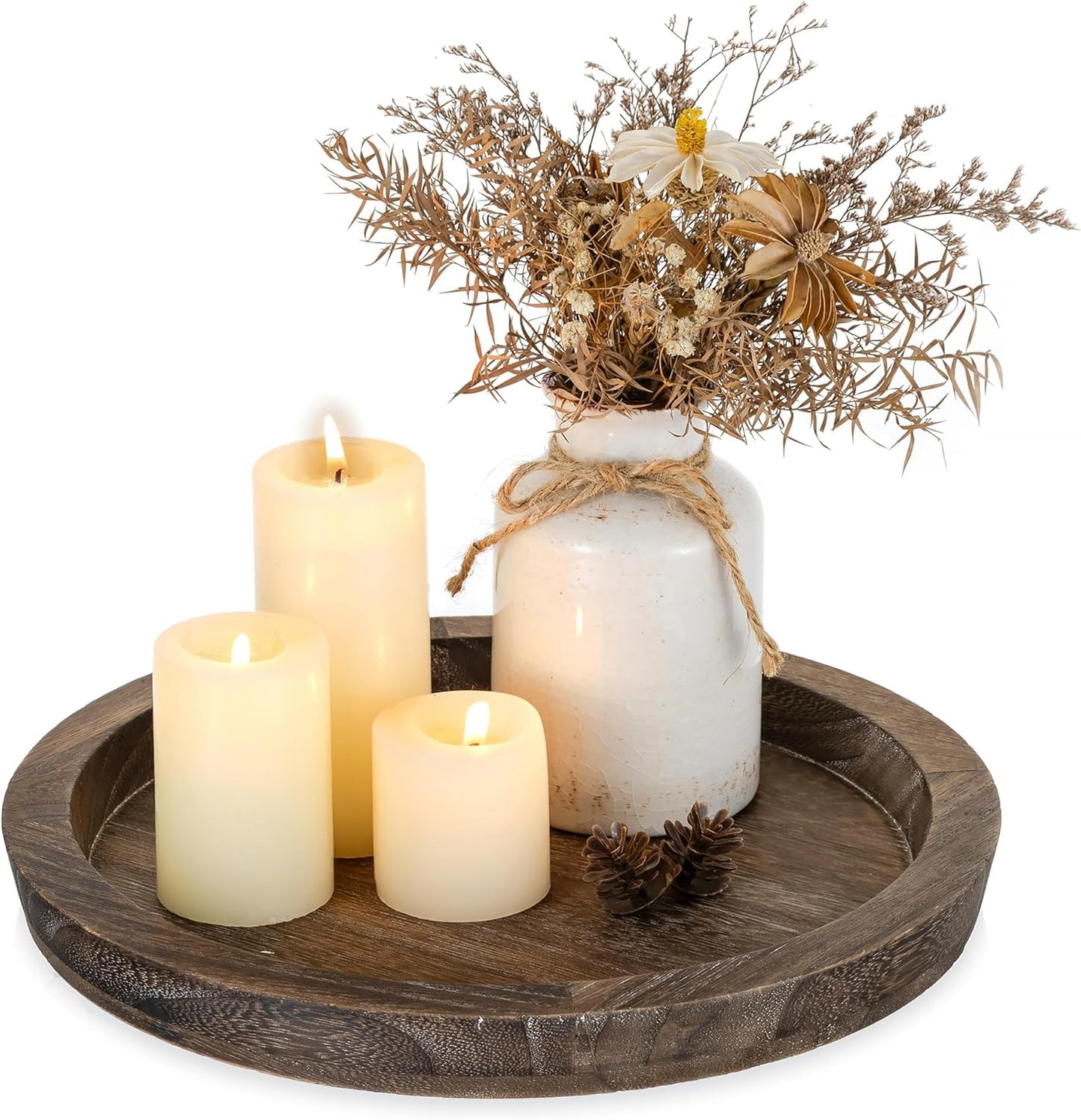 Romadedi Rustic Wooden Tray Candle Holder - Round Wood Decorative Pillar Candle Tray for Coffee Table Farmhouse Kitchen Countertop Organizer Home Decor Wedding Centerpiece, Distressed White