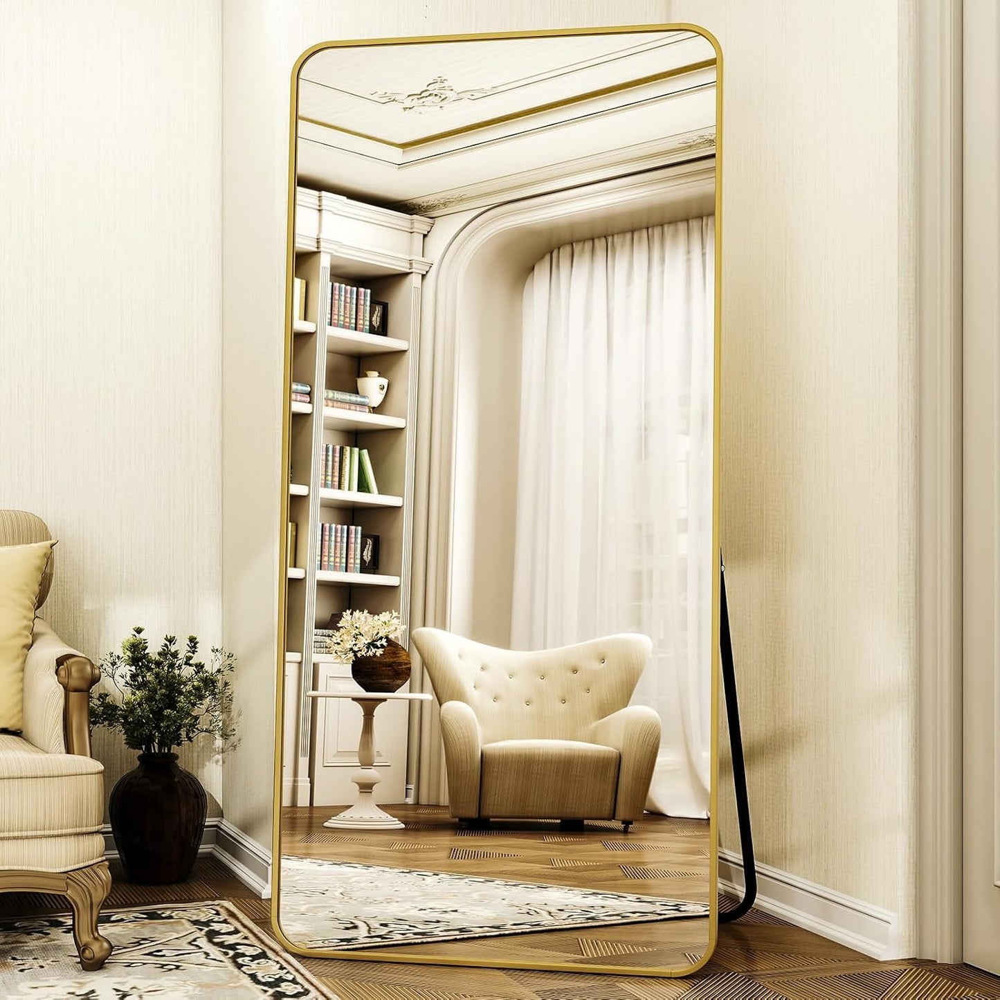 XRAMFY 56"x21" Floor Full Length Mirror Standing Full Body Rounded Corner Rectangle Mirrors with Stand Hanging Wall Mounted Leaning Bedroom Living Room Bedroom Cloakroom,Gold