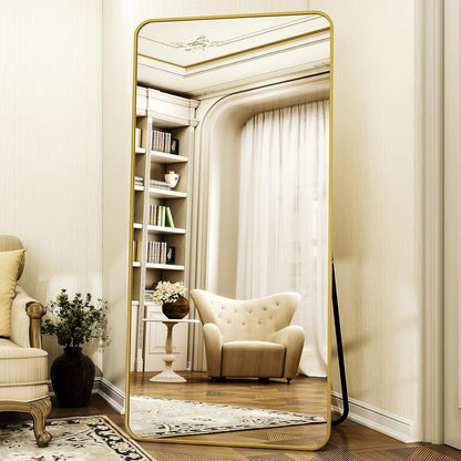 XRAMFY 56"x21" Floor Full Length Mirror Standing Full Body Rounded Corner Rectangle Mirrors with Stand Hanging Wall Mounted Leaning Bedroom Living Room Bedroom Cloakroom,Gold