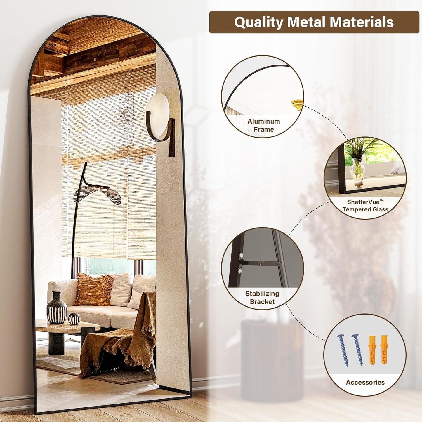 XRAMFY 56"x21" Arched Full Length Mirror Floor Mirrors with Aluminum Alloy Frame Free-Standing Wall Mounted Floor Mirrors or Large Dressing Mirror, Black Mirror Full Length