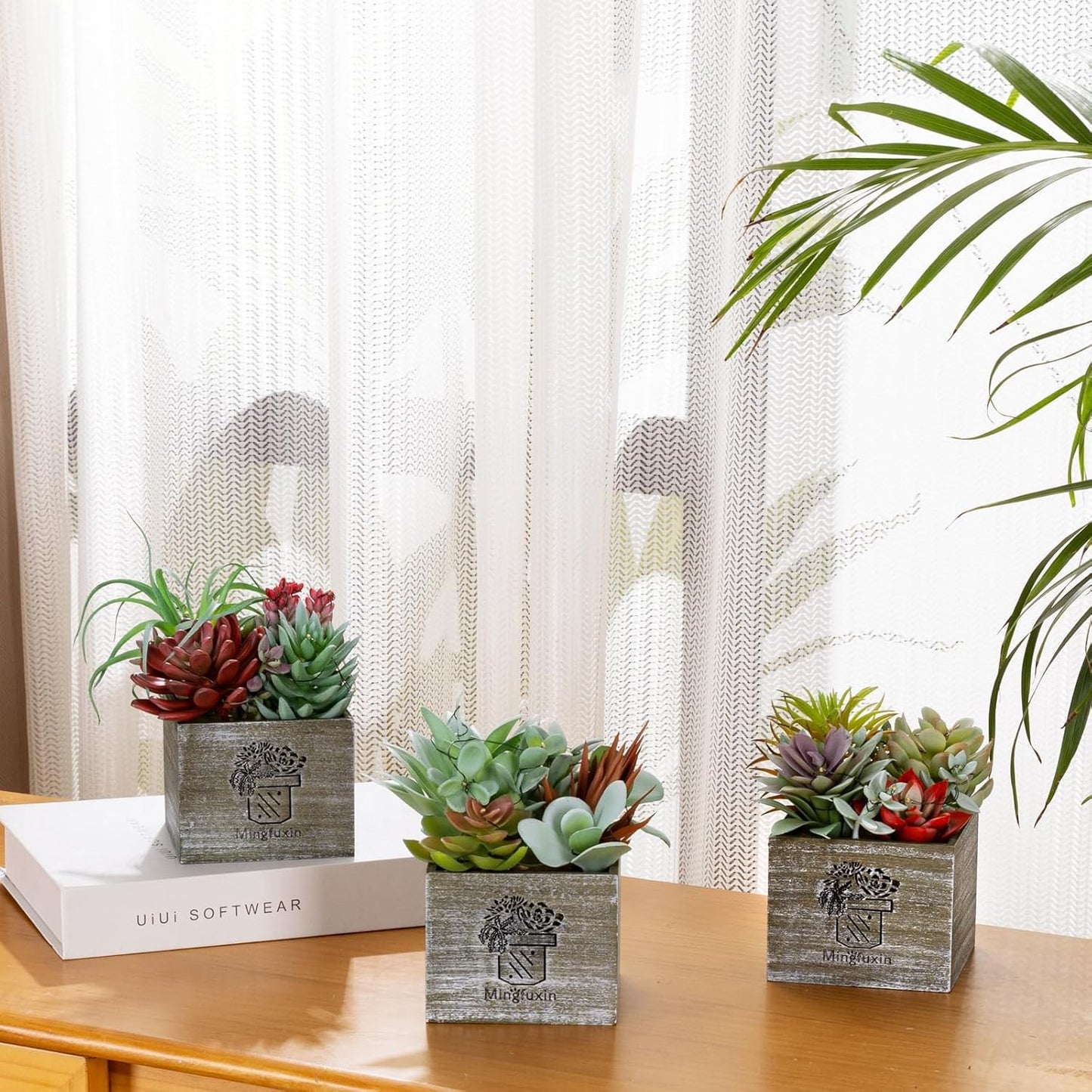 Succulent Plants Artificial, 3 Pack Small Fake Plants in Wood Pot for Home Decor, Farmhouse Artificial Plants Indoor for Living Room Bathroom Bedroom Office Kitchen Desk Wedding Coffee Table Decor