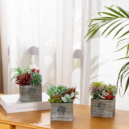 Succulent Plants Artificial, 3 Pack Small Fake Plants in Wood Pot for Home Decor, Farmhouse Artificial Plants Indoor for Living Room Bathroom Bedroom Office Kitchen Desk Wedding Coffee Table Decor