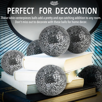 4in Decorative Mosaic Sphere Orbs Set of 3, Glass Balls for Whole Housewares,Wedding/Birthday,Bowls,Vases Dining Table Centerpieces(Silver,Black,Blue)