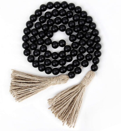 58in Wood Bead Garland with Tassels, Farmhouse Rustic Country Decor Prayer Boho Wall Hanging Decoration (Nature)