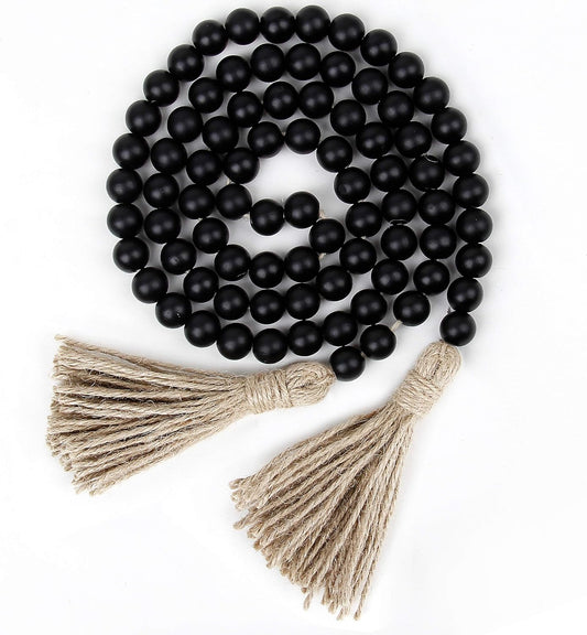 58in Wood Bead Garland with Tassels, Farmhouse Rustic Country Decor Prayer Boho Wall Hanging Decoration (Nature)