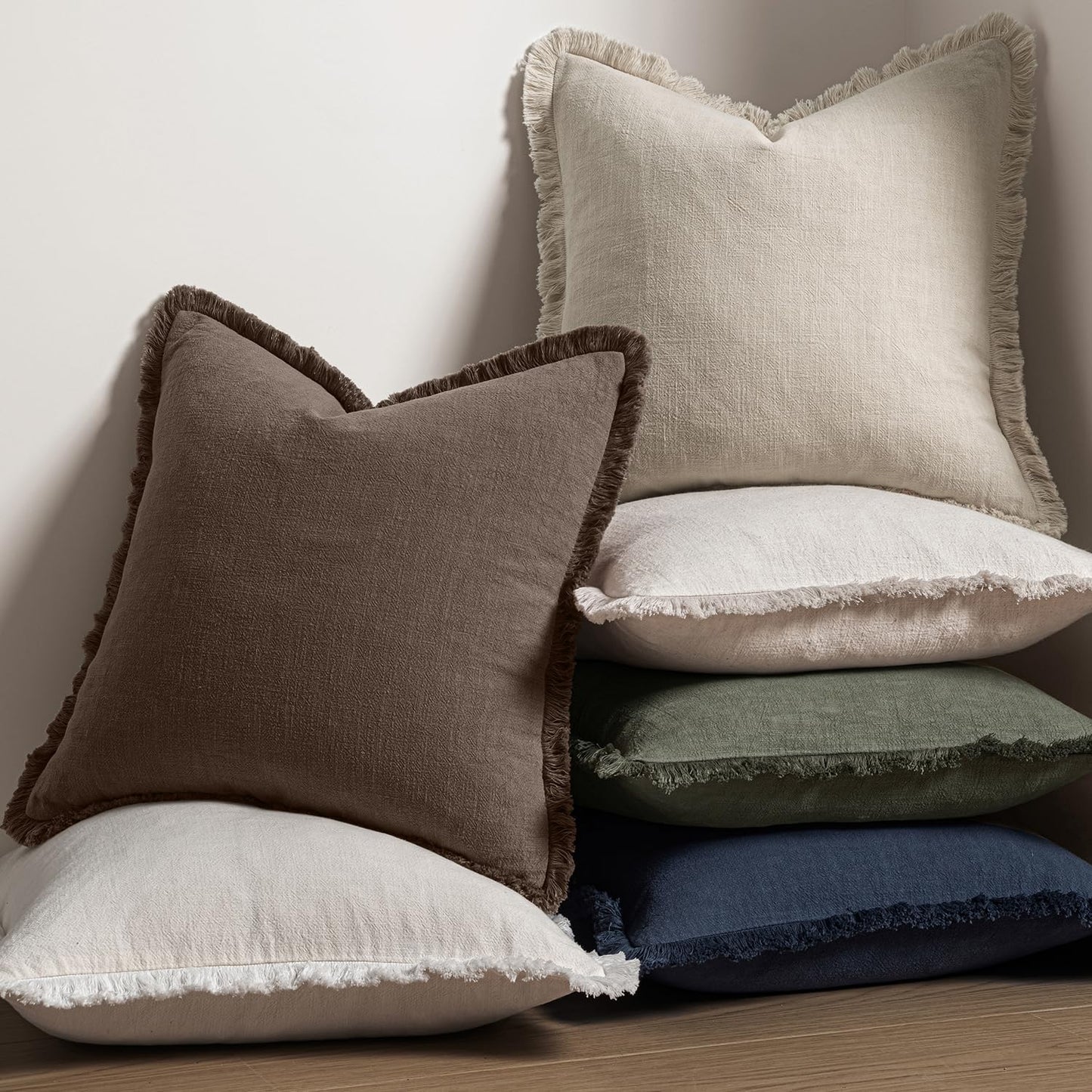 MIULEE Decorative Throw Pillow Covers Neutral Linen Fringe Throw Pillows Set of 2 Natural Beige Boho Farmhouse Cushion Covers with Tassels for Couch Sofa Bed Spring Home Decor 20x20 Inch