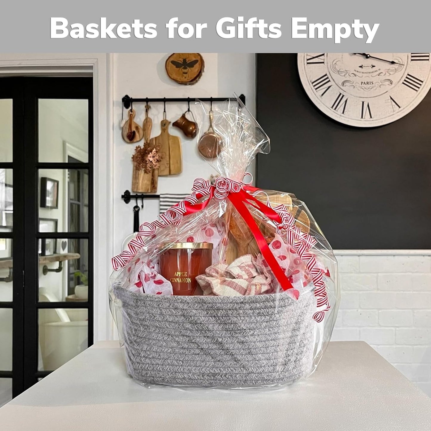 CHICVITA Decorative Gift Basket, Easter Basket for Kids, Woven Rope Storage Baskets with Handles, Nursery Baby Shower Toy Organizer, Grey, 13 x 9.8 x 5 inches