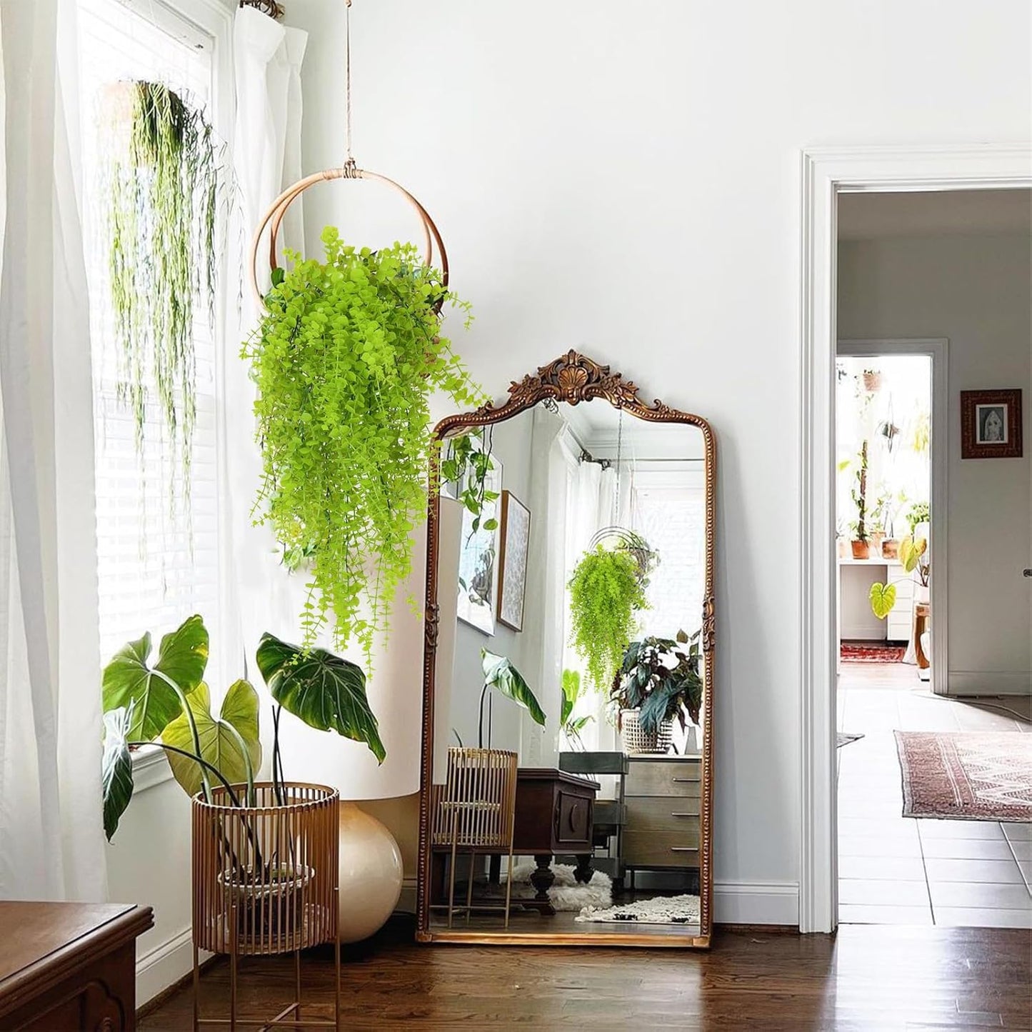 RECUTMS Artificial Hanging Plants Fake Hanging Plant Faux Eucalyptus Leaf Greenery Vine Outdoor UV Resistant Plastic Plants Home Garden Wedding Party Indoor Outdoor Decorations(White)