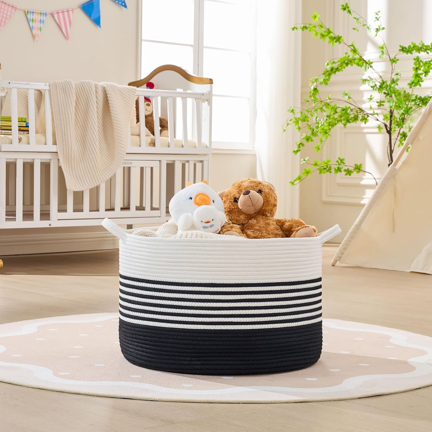 KAKAMAY Large Blanket Basket (20"x13"),Woven Baskets for storage Baby Laundry Hamper, Cotton Rope Blanket Basket for Living Room, Laundry, Nursery, Pillows, Baby Toy chest (White/Brown)