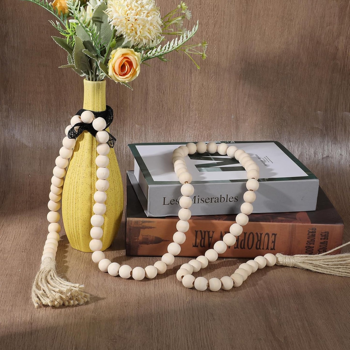 34in Farmhouse Wood Beads Garland with Tassels, Decorative Bead Home Decor Wooden Beads Garland Country Room Hanging for Wood Entryway Table, Shelf, Tray, Curtain Decor (Beige)