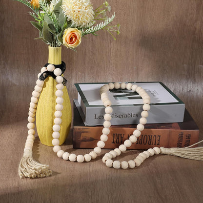34in Farmhouse Wood Beads Garland with Tassels, Decorative Bead Home Decor Wooden Beads Garland Country Room Hanging for Wood Entryway Table, Shelf, Tray, Curtain Decor (Beige)