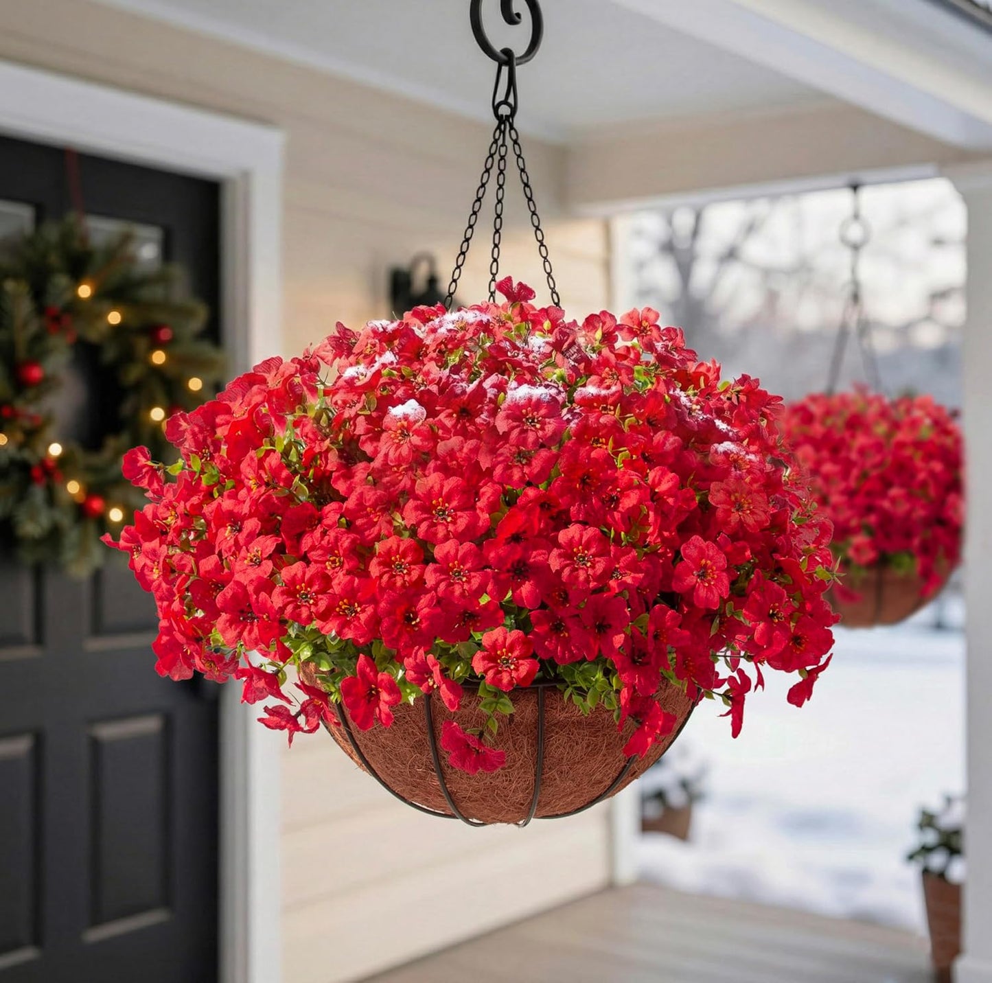 Hananona 2 Set Artificial Outdoor Flowers with Hanging Basket, 2 Hanging Planters with 24 Pcs Flowers for Spring Summer Front Porch Garden Patio Home Decor (2, Red, Purple, Yellow, Rose Red)
