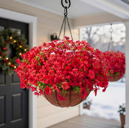 Hananona 2 Set Artificial Outdoor Flowers with Hanging Basket, 2 Hanging Planters with 24 Pcs Flowers for Spring Summer Front Porch Garden Patio Home Decor (2, Red, Purple, Yellow, Rose Red)