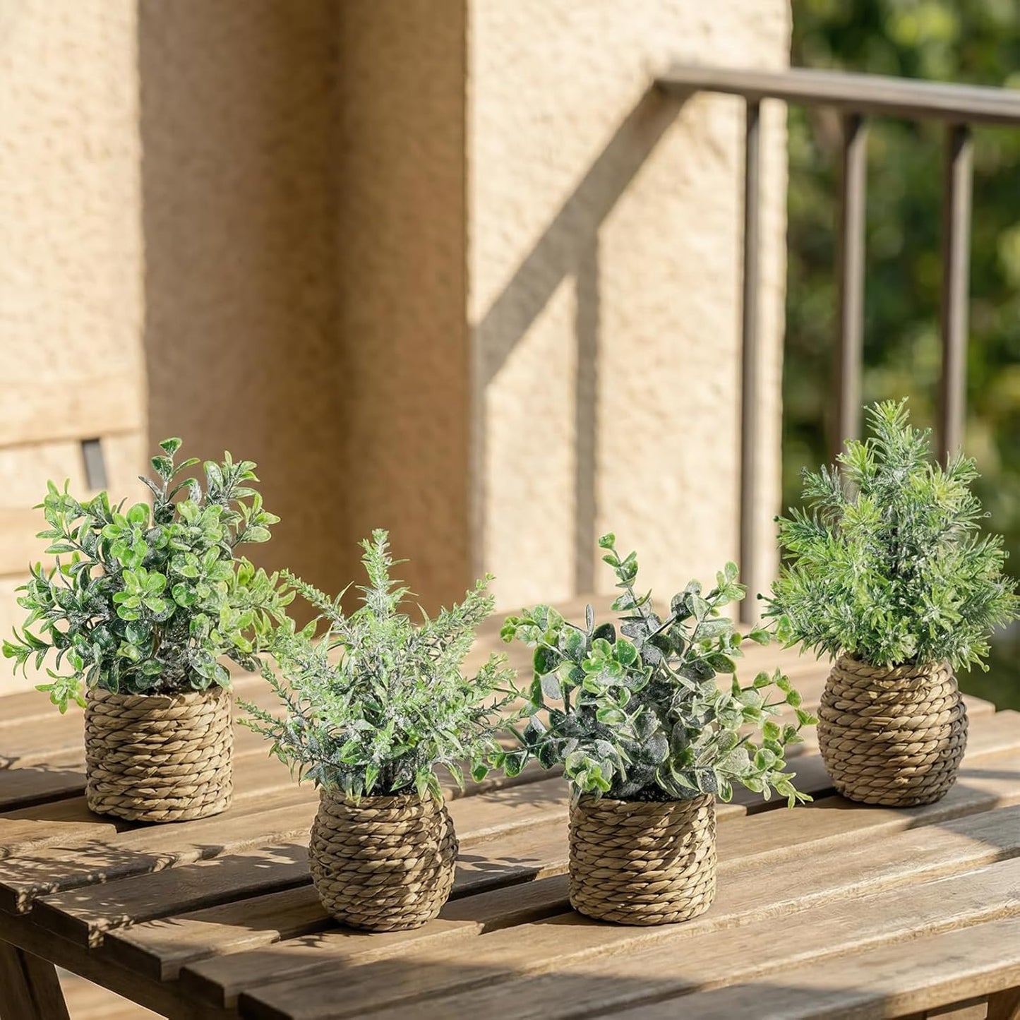 Small Fake Potted Plants: 9 Inches Artificial Plants with Seagrass Handwoven Planters, Indoor Farmhouse Spring Decorations, Eucalyptus Plant for Home Bathroom Office Shelf Tabletop Desk Room Decor