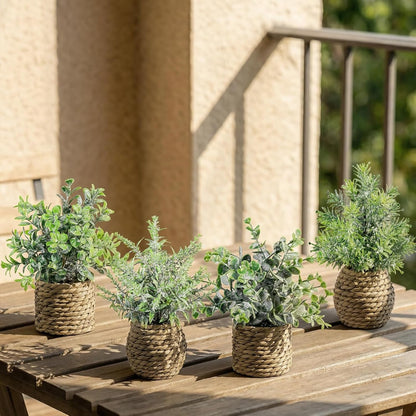 Small Fake Potted Plants: 9 Inches Artificial Plants with Seagrass Handwoven Planters, Indoor Farmhouse Spring Decorations, Eucalyptus Plant for Home Bathroom Office Shelf Tabletop Desk Room Decor