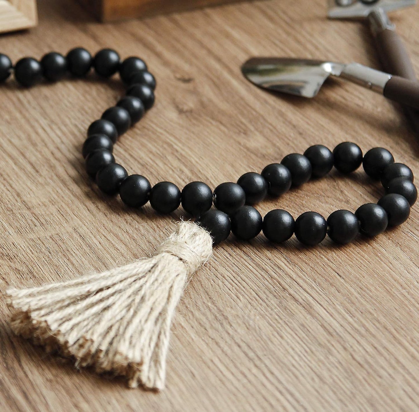 58in Wood Bead Garland with Tassels, Farmhouse Rustic Country Decor Prayer Boho Wall Hanging Decoration (Nature)