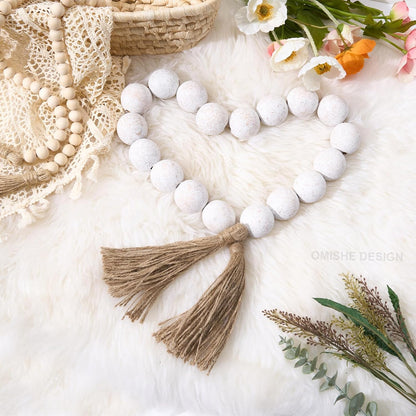 OMISHE Extra Large Wood Bead Garland with 1.6" Diameter Wooden Beads and Tassels, 41" Long Rustic Farmhouse Country Decorative Beads for Home Tiered Tray Decor, Natural Beige