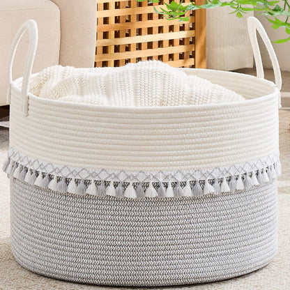 KAKAMAY Large Blanket Basket (20"x13"),Woven Baskets for storage Baby Laundry Hamper, Cotton Rope Blanket Basket for Living Room, Laundry, Nursery, Pillows, Baby Toy chest (White/Brown)