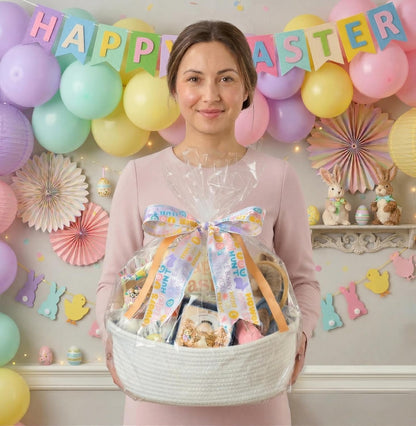 Small Woven Gift Basket Empty with Bag & Ribbon - Gifts for Mom, Baby Shower, Birthdays & Raffle - Cotton Rope Storage Basket for Dog Toys or Shelf - 12"x8"x5", White