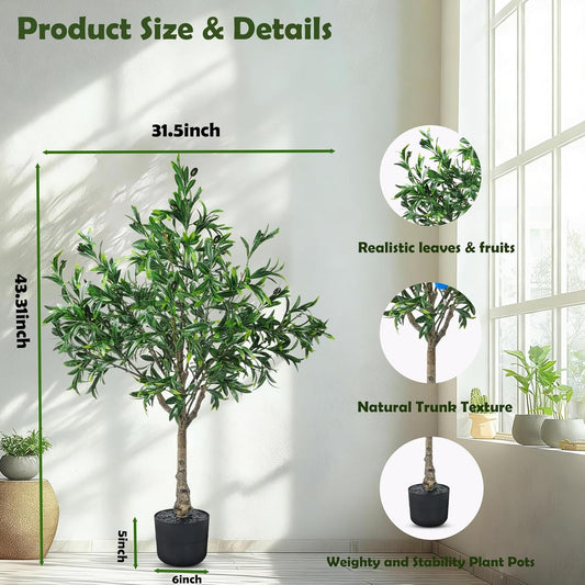 Artificial Olive Trees Indoor Outdoor,3.6FT Faux Olive Trees Potted Artificial Plants,Fake Olive Tree with Planter Realistic Fruits,Natural Wood Trunk Leaves Tree for Home Office Garden Living Room