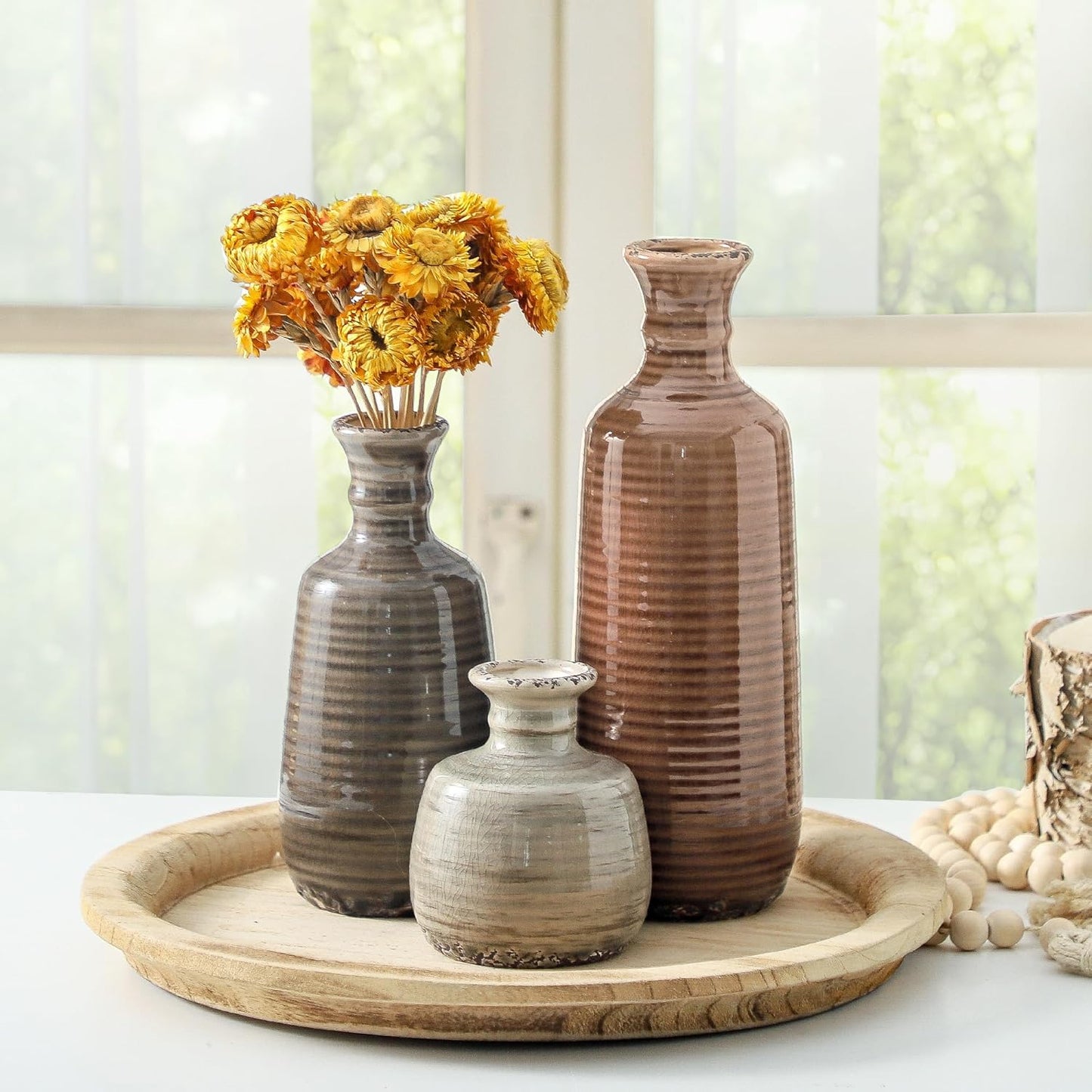 Ceramic Vase Set of 3 | Neutral Vase Home Decor with Handle | Pottery Modern Farmhouse Vases Pampas Grass Flower Vases for Home Decor Table Living Room Centerpieces Mantel Decor - Multicolor