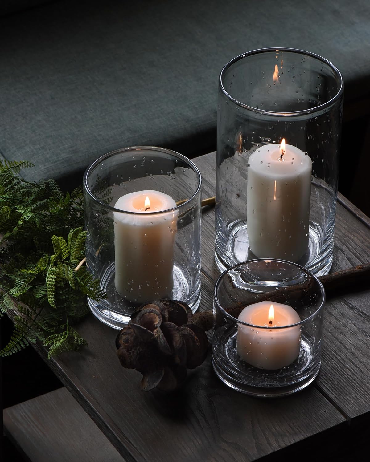 Hurricane Candle Holders for Pillar Hand Blown Glass Cylinder Vases Table Centerpiece Bulk Room Decor Clear Seeded Bubbles Living Dining Kitchen Island 10" 7" 4" Set of 3
