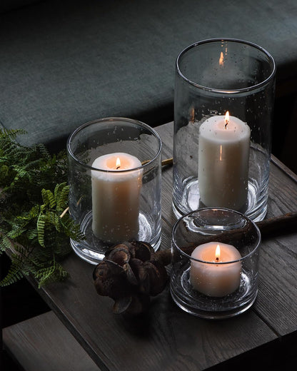 Hurricane Candle Holders for Pillar Hand Blown Glass Cylinder Vases Table Centerpiece Bulk Room Decor Clear Seeded Bubbles Living Dining Kitchen Island 10" 7" 4" Set of 3