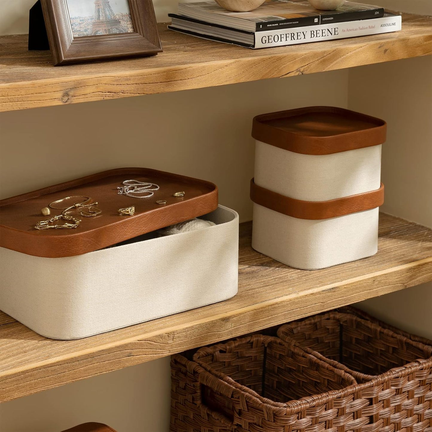 LA JOLIE MUSE Fluted Cardboard Storage Baskets with Leather-Like Lids, Sturdy Stackable Paper Boxes Decorative Tray, Chocolate Brown, Set of 3