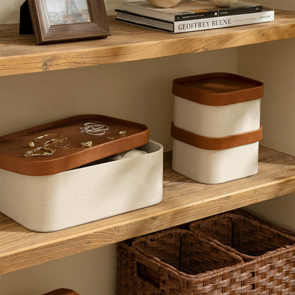 LA JOLIE MUSE Fluted Cardboard Storage Baskets with Leather-Like Lids, Sturdy Stackable Paper Boxes Decorative Tray, Chocolate Brown, Set of 3