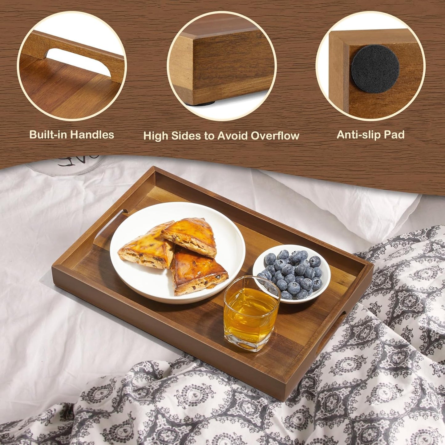 17 Inch Acacia Wood Serving Tray with Handles, Large Wooden Tray for Ottoman, Breakfast in Bed, Coffee Table, Dinner, Perfect for Living Room Bedroom Entryway and Kitchen