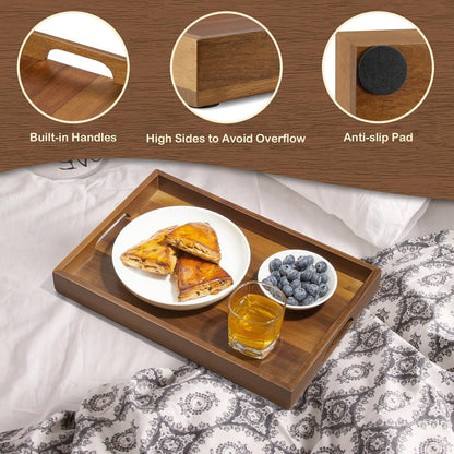 17 Inch Acacia Wood Serving Tray with Handles, Large Wooden Tray for Ottoman, Breakfast in Bed, Coffee Table, Dinner, Perfect for Living Room Bedroom Entryway and Kitchen