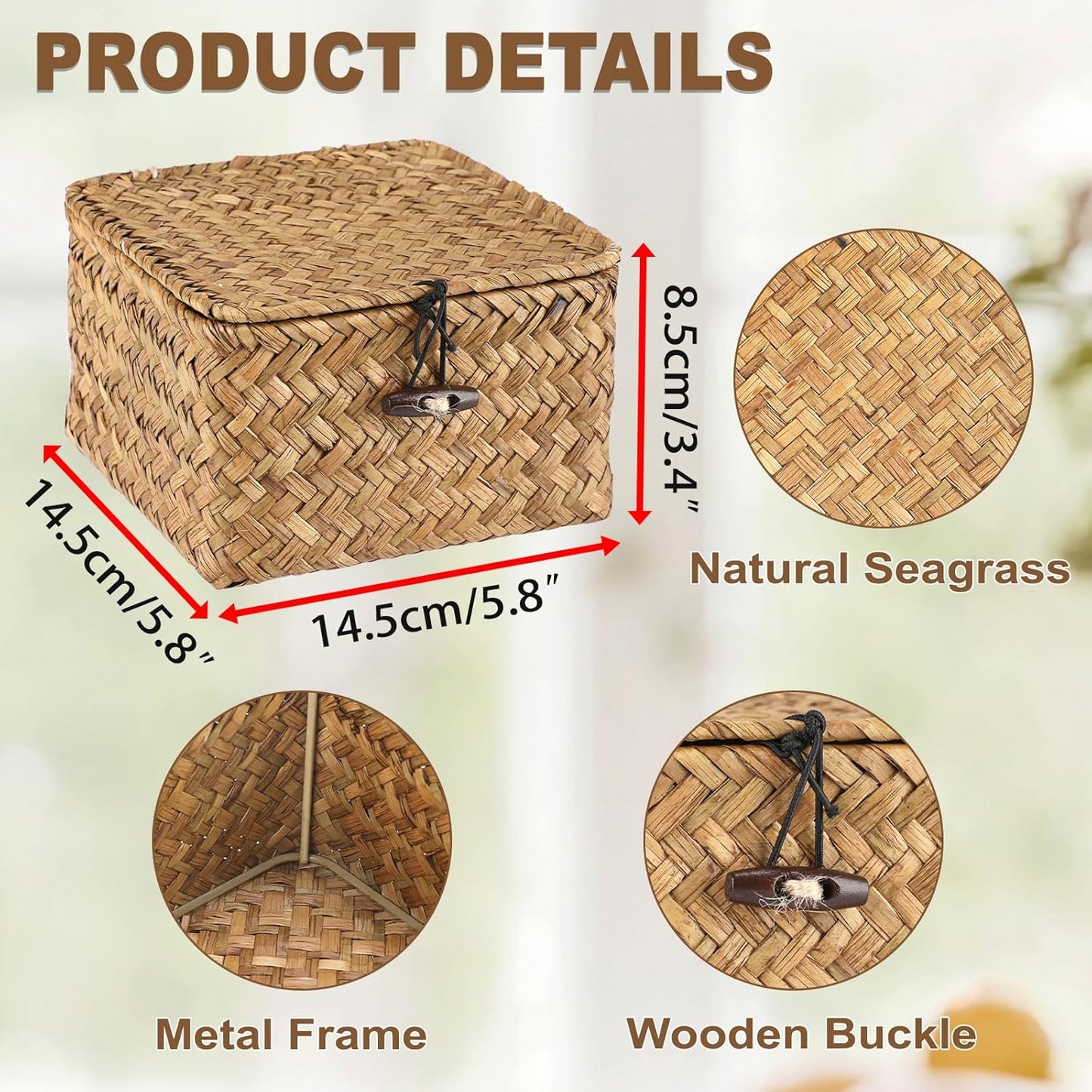 Hipiwe Seagrass Basket with Lid Wicker Storage Basket Square Handwoven Decorative Baskets Box for Shelf Multipurpose Household Baskets Home Decor,X-small