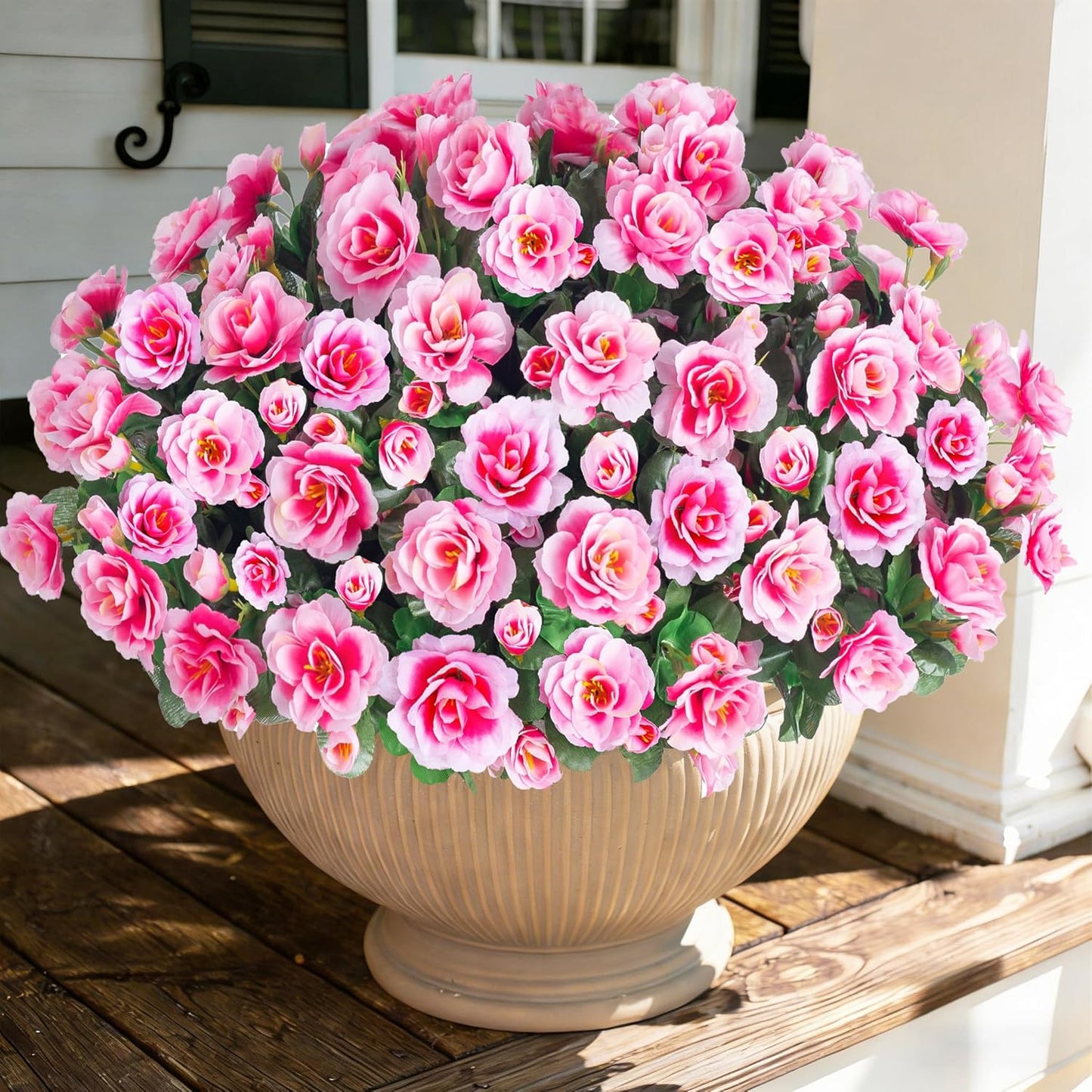 Ivydale Artificial Fake Flowers Plants for Outdoor Outside Spring Decor, Faux Silk Yellow Camellia UV Resistant Look Real for Planter Pot Porch Patio Balcony Garden Yard, 3 Large Bundles